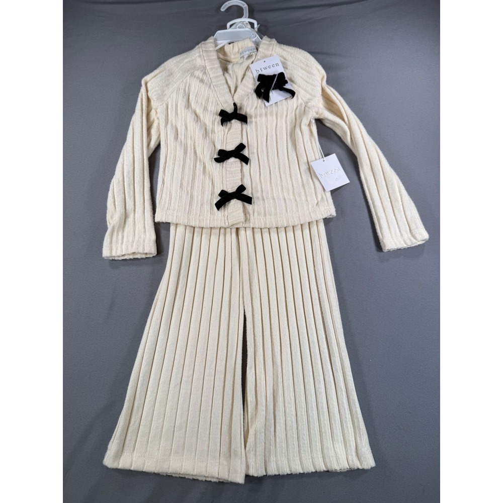 NWT Btween Girls Cream Ribbed Knit Cardigan and Pants Set with Bows Size 5